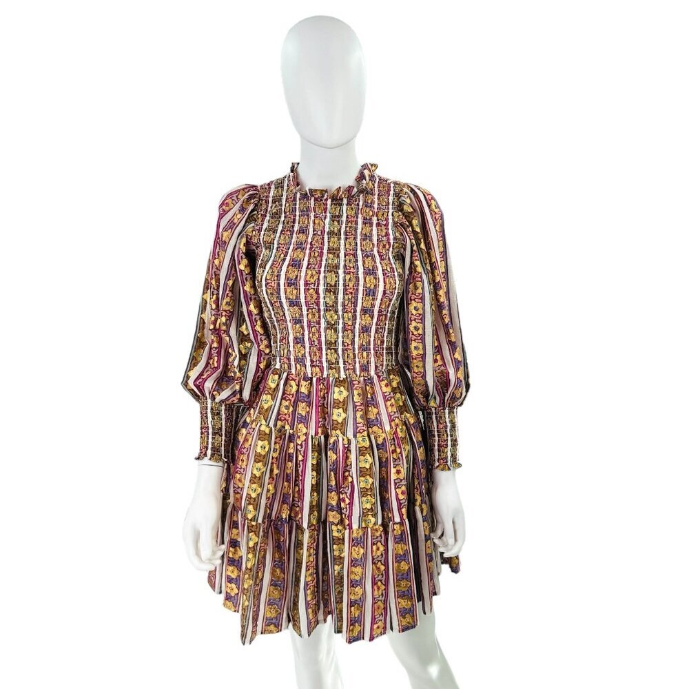 Oliphant NEW Petal Smocked Flirty 3/4 Sleeve Smocked Floral Mini Dress Size S - Picture 3 of 9